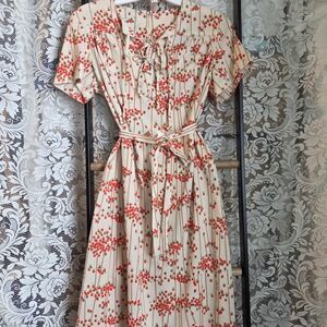 Vintage 60s Sears Floral Midi Dress in Cream and Red With Coord Jacket And Belt